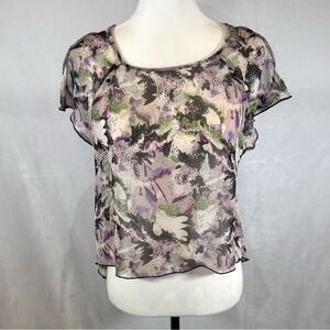 Angie ivory purple and green abstract print top size small